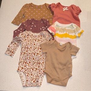 6 pack Baby Girl Bodysuit Bundle Pink, Purple, and Tan 0-3 months Essentials 3